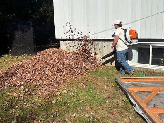 Blowing and collecting fall leaves alongside a building