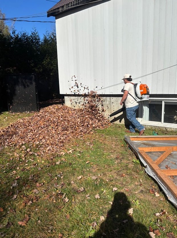 Automne : Soufflage et ramassage des feuilles d’automne le long d’un bâtiment
